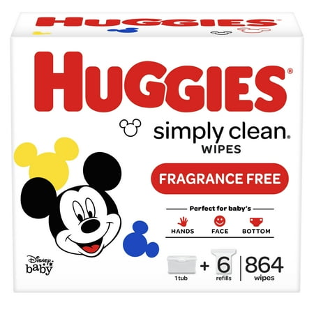 Huggies Simply Clean Unscented Baby Wipes, 6 Refill Packs & Nursery Tub (864 Wipes Total)