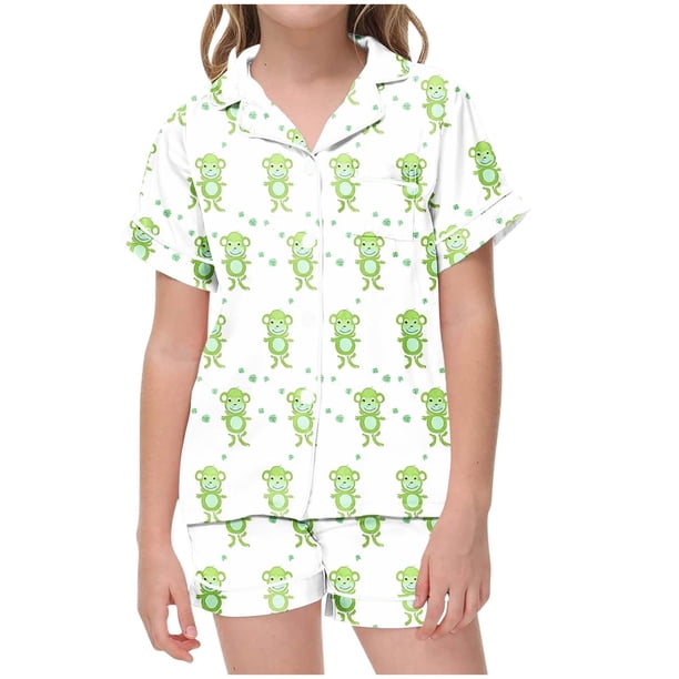 Odeerbi 2-12 Años Niños Niñas Pijamas de Verano de Satén Con Solapa de Muesca Camisas de Manga Corta Pantalones Cortos Conjunto de Pijama de Seda Con Estampado Suave