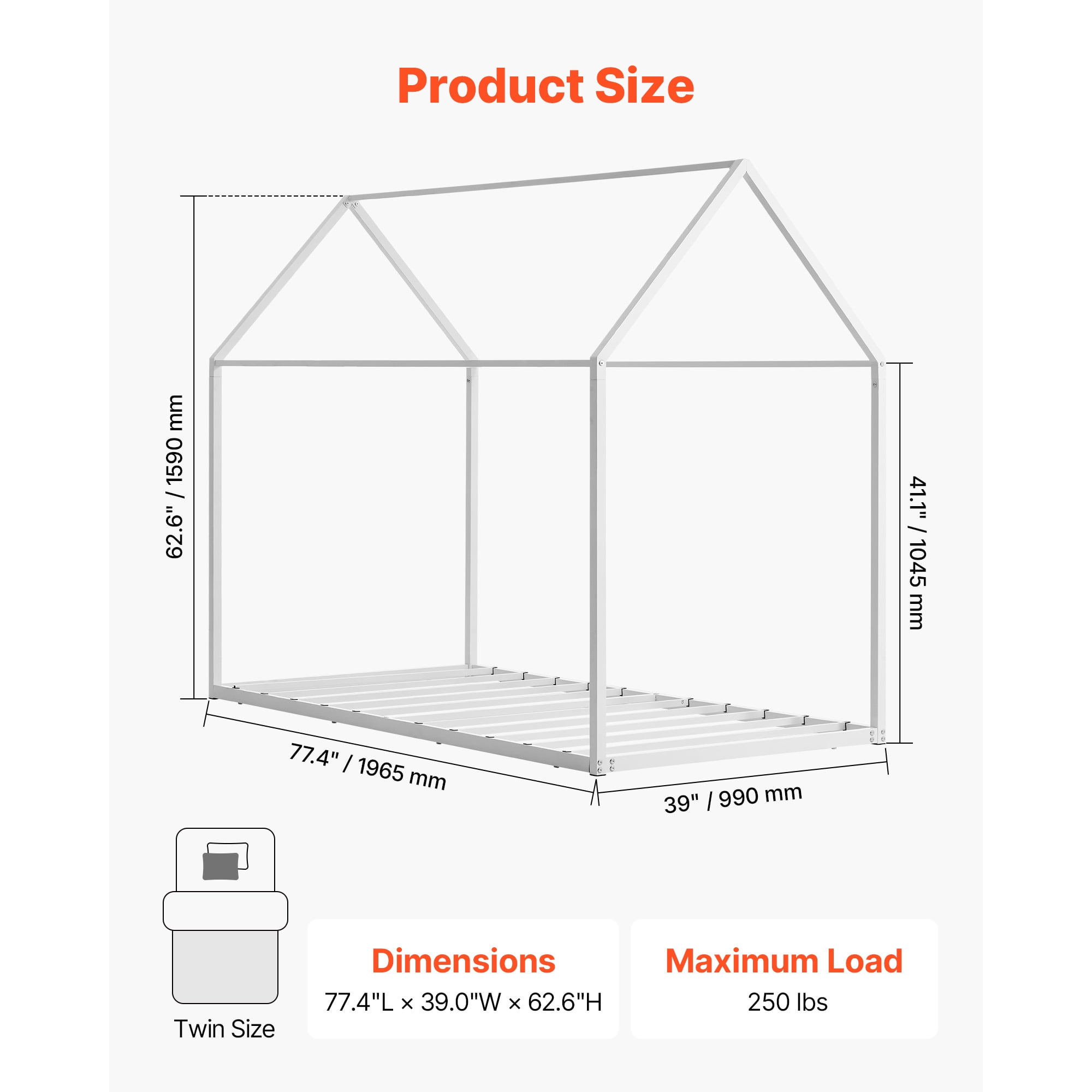 KFFKFF Twin Size Canopy Bed Frame, Kids Floor Bed with Roof Design, Durable Steel Slats Support, House-Shaped Frame for Boys and Girls, No Box Spring Required, Simple Assembly, White