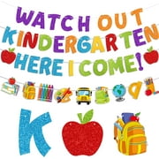 HOWAF Glitter Watch Out Kindergarten Here I Come Banner, Kindergarten Back to School Garland Banner for First Day of School Preschool Photography Background, Kids Welcome Back Classroom Decor