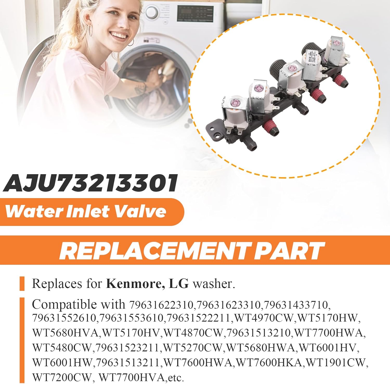 AJU73213301 Washer Water Inlet Valve Compatible With Kenmore & LG Washers WT7200CW, WT5001c 79631522211, WT4801CW, WT1201CW