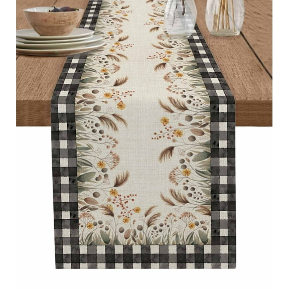 Farmhouse Flowers Burlap Cotton Table Runner 13x60 Inches Long, Retro Country Floral Herbs Black Plaid Farmhouse Table Runners, Outdoor Dining Tablecloths Decor for Baby Shower/Party/Wedding