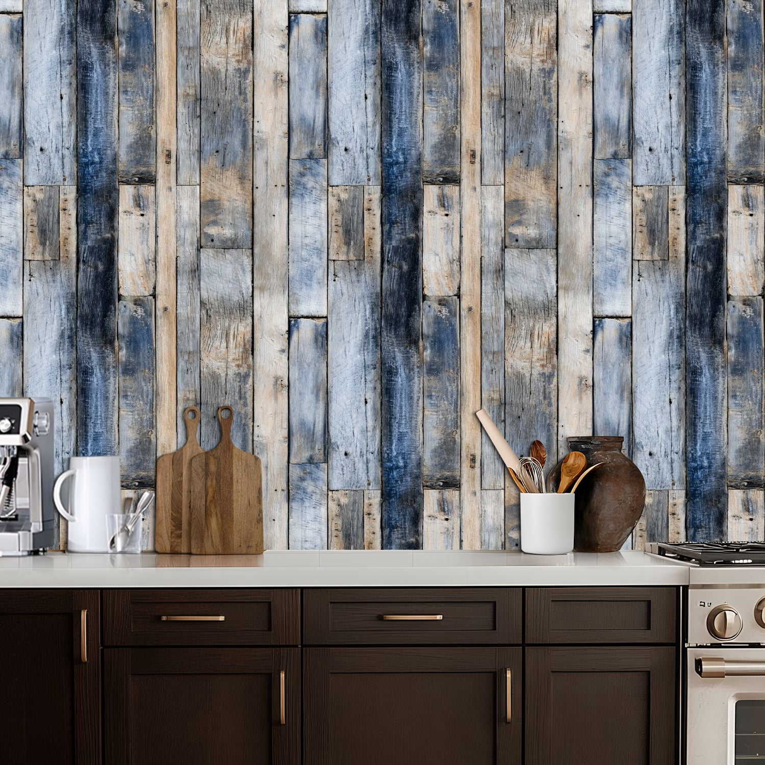 Peel and Stick Wallpaper Rustic Blue Brown Wooden Plank Wall Distressed Texture Wall Mural 17.7in x 9.8ft Self Adhesive Removable Wall Paper Renter Friendly Wallpaper for Nursery Bedroom Cabinets