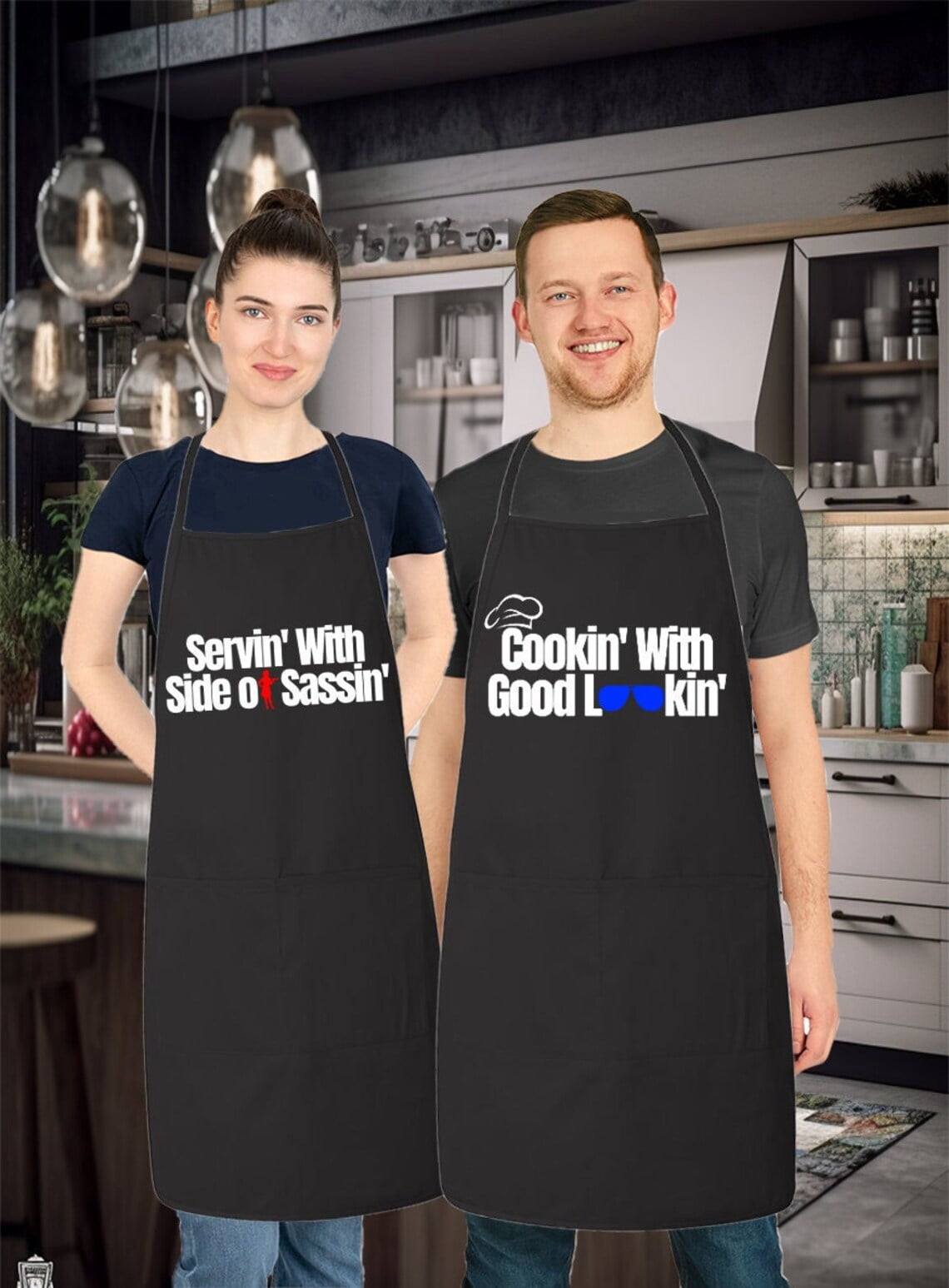 Matching His and Hers Apron Set - Cookin with good lookin, Servin with a side of Sassin - Set of 2, Matching Couples, Cooking Apron, Kitchen, BBQ, House Warming, wedding.