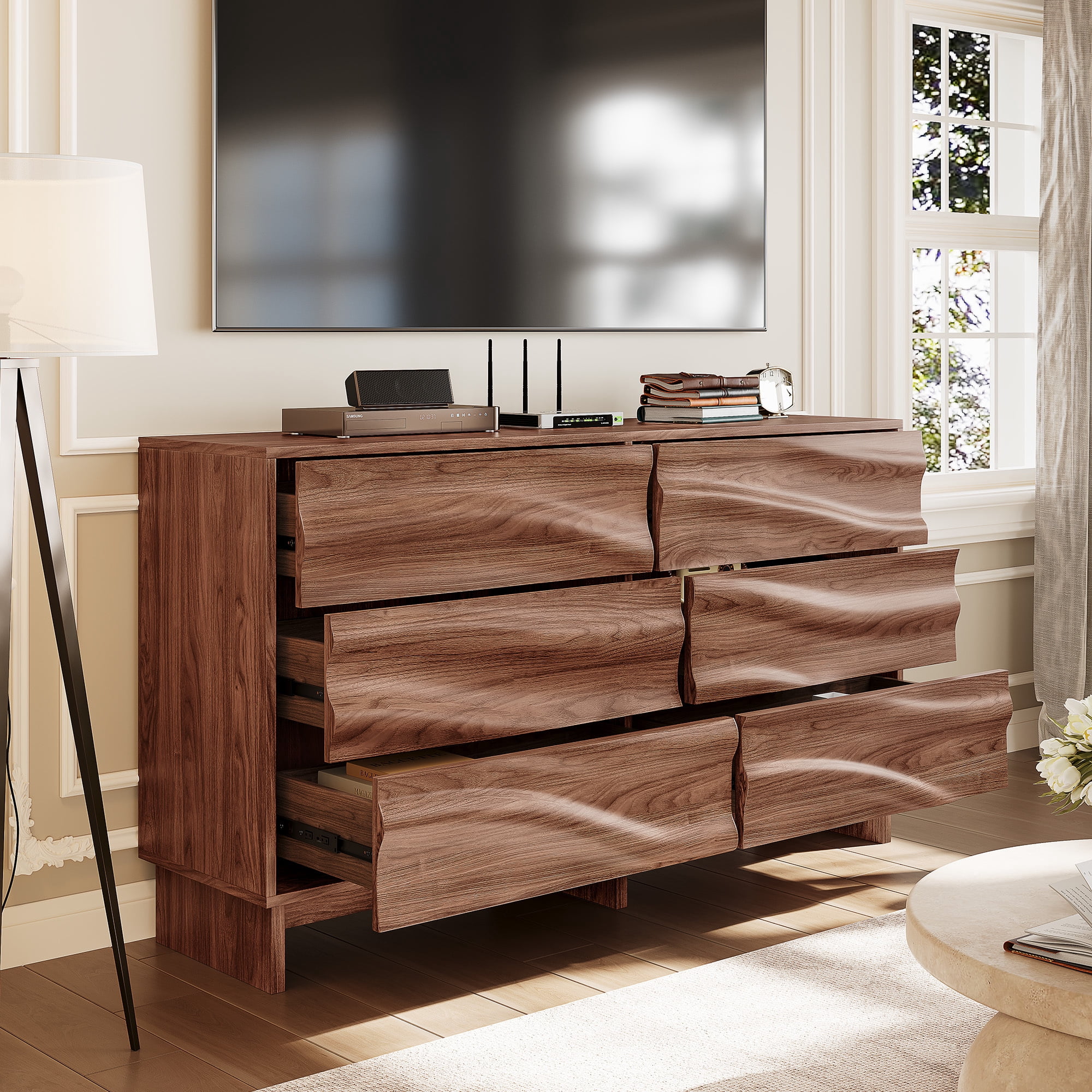 Leumius 47.2" Buffet Sideboard with 6 Drawers, Walnut Finish with Wave Grain Texture, Farmhouse Storage Cabinet for Dining Room Living Room Hallway