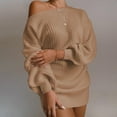 thumbnail image 2 of Plus Size Mini Dress Women's Baggy Sweater Dresses Loose Winter Lantern Sleeve off Shoulder Casual Knit Dress Floral Maxi Dress S-108 Khaki L, 2 of 4