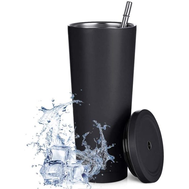 Taza de viaje de 750 ml, taza de acero inoxidable de doble pared, botella de agua con aislamiento al vacío, taza de café con agua aislada, taza de doble pared con pajita, cepillo y tapa