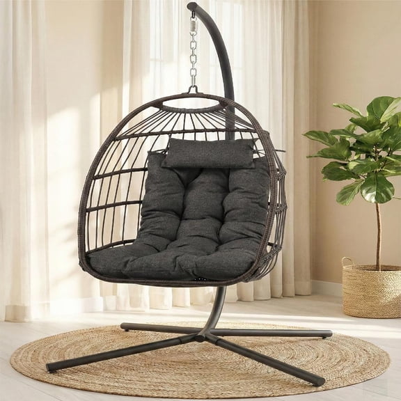 SereneLife Hanging Egg Chair with Stand, Foldable Wicker Rattan Swing Chair with Cushion & Headrest, 350 lb Capacity, Indoor & Outdoor