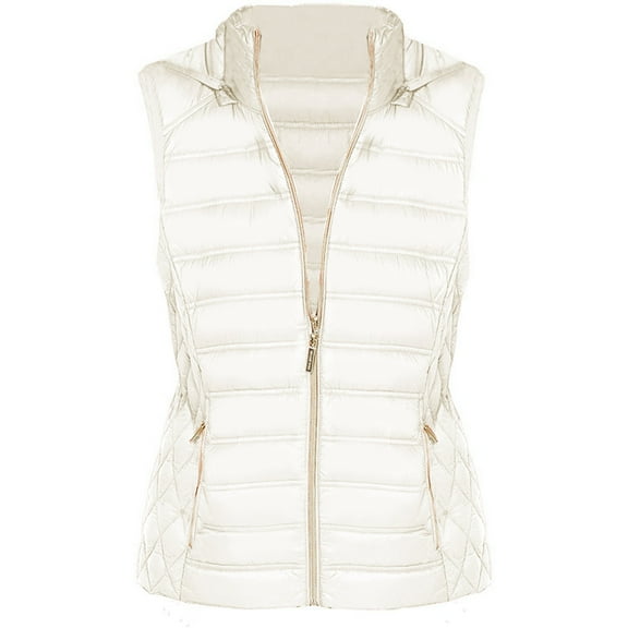 Michael Kors Bone White Winter Vest for Women - Sleeveless Women Down Vest - Lightweight Women's Down Fill Puffy Vest With Removable Hood, Side Pockets, Full Zip Closure