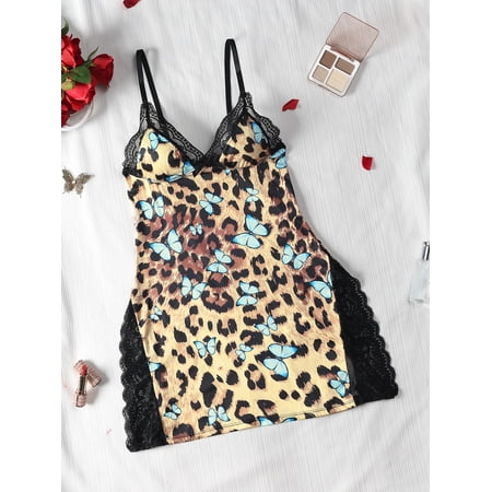 Women’s Lace-Trim Deep V-Neck Slip Pajama Dress – Satin Sleepwear Nightgown with Bow Detail and Side Slit