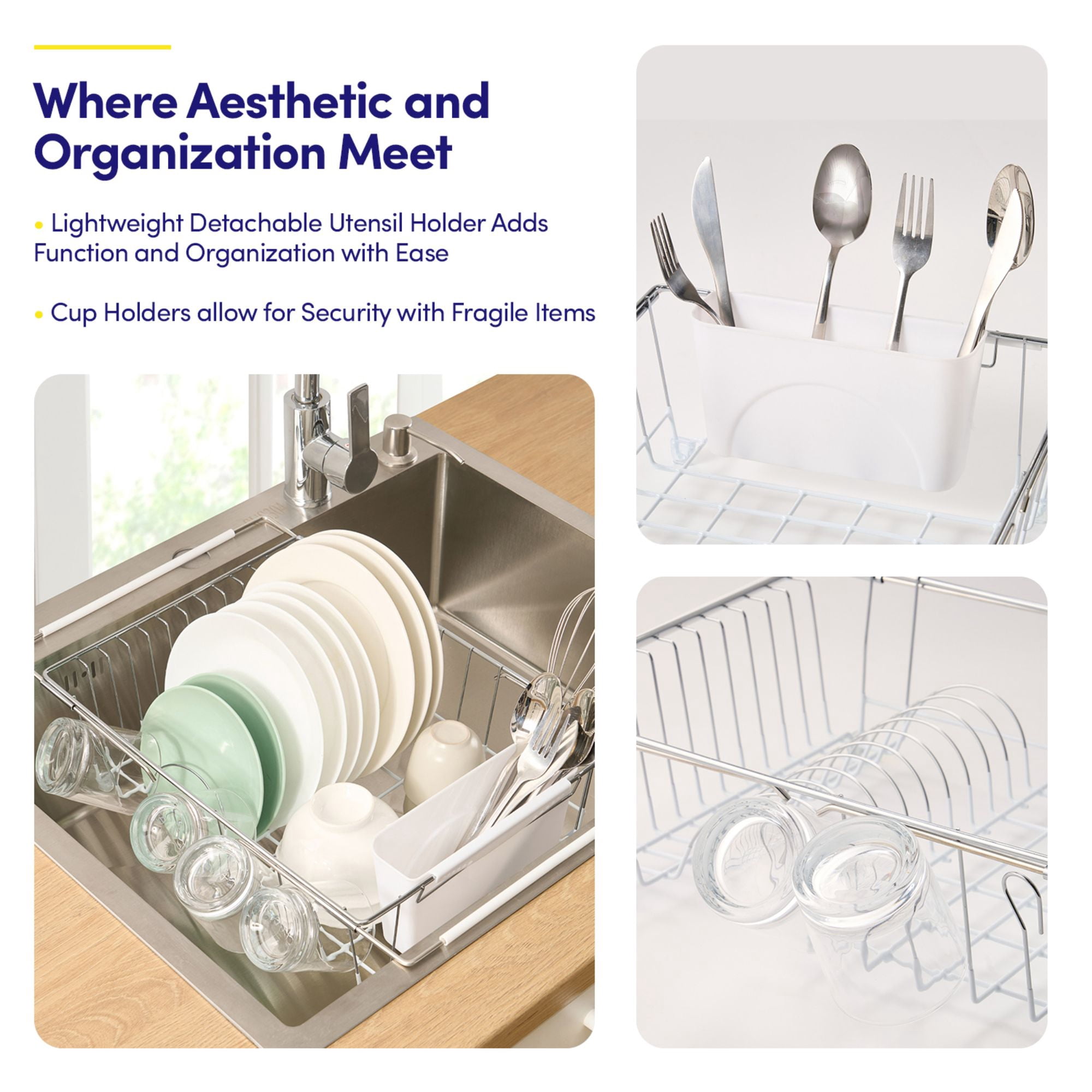 Expandable 2-Piece Over the Sink Space Saving Dish Drying Rack with Utensil Holder, White