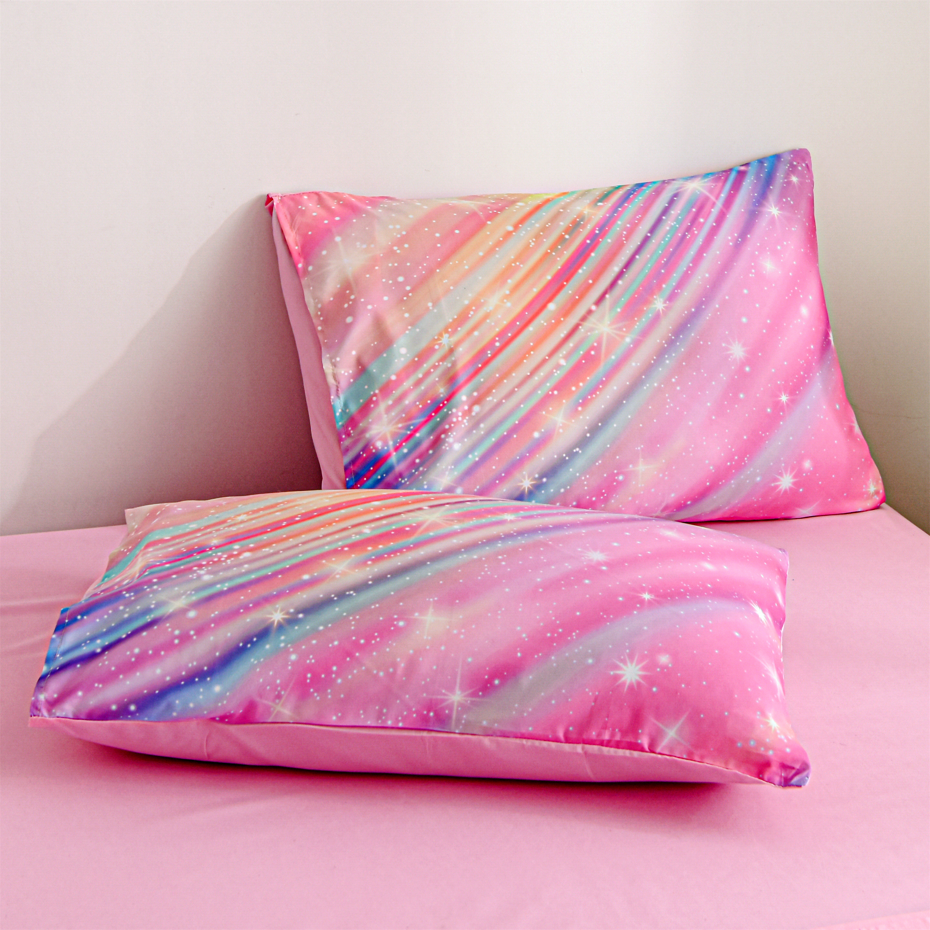 Btargot 6PCS Pink Galaxy Twin Comforter Set Rainbow Gradient Star Ring Bedding Set for Girls Kids