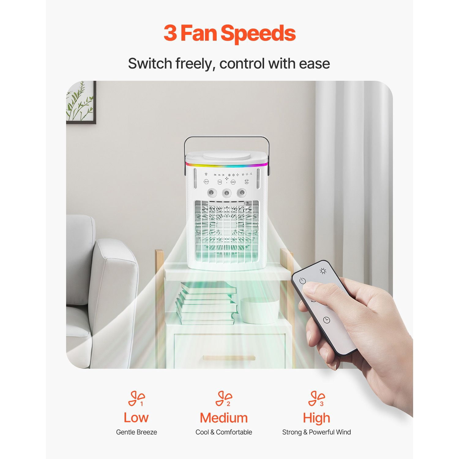 Portable Air Cooler 4-in-1 Fan/Humidifier/Air Cooler/7-Color Night Light 3 Speeds 3 Mist Levels 1000ml Tank Timer for Home Office Camping