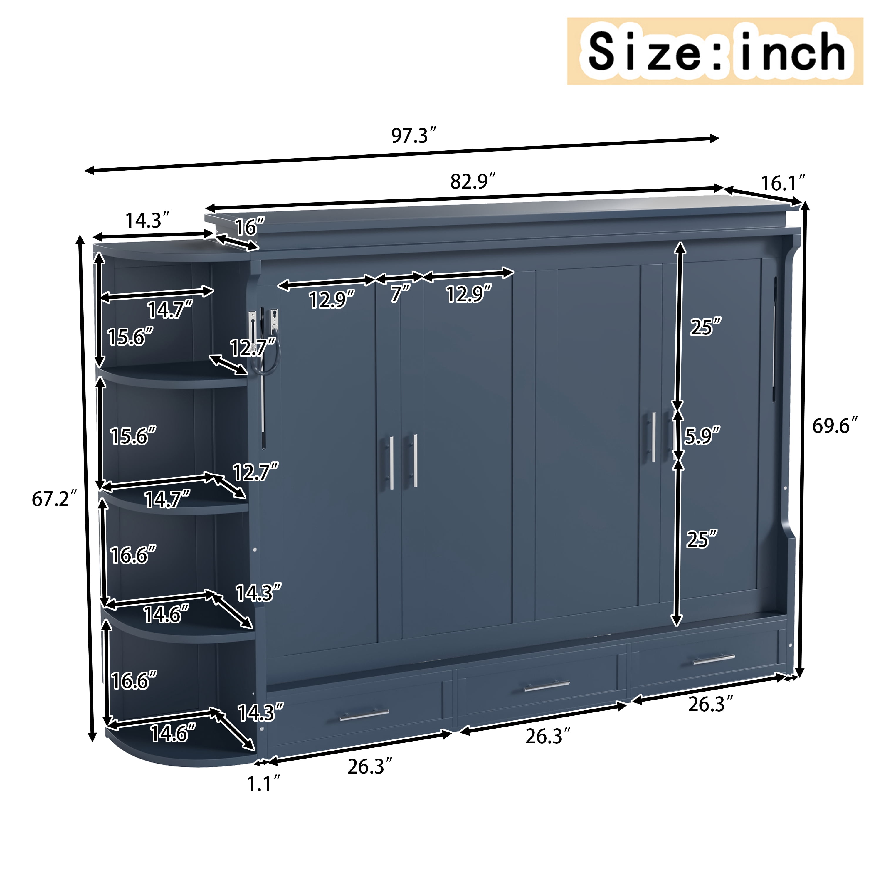 Mintazer Full Murphy Bed with Side Cabinets & 3 Drawers, Wall Foldable Bed with Storage for Bedroom Guest Room Home Office, Blue