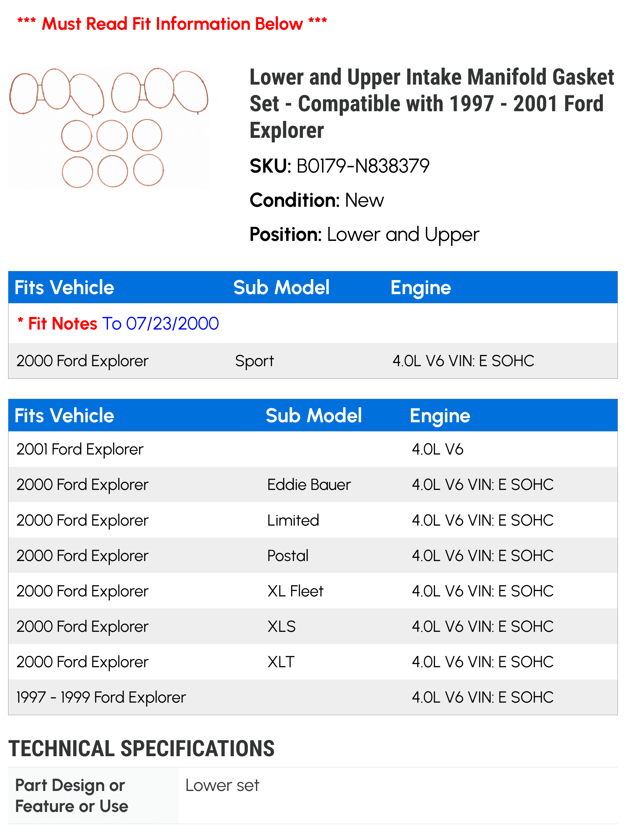 Lower and Upper Intake Manifold Gasket Set - Compatible with 1997 - 2001 Ford Explorer 1998 1999 2000