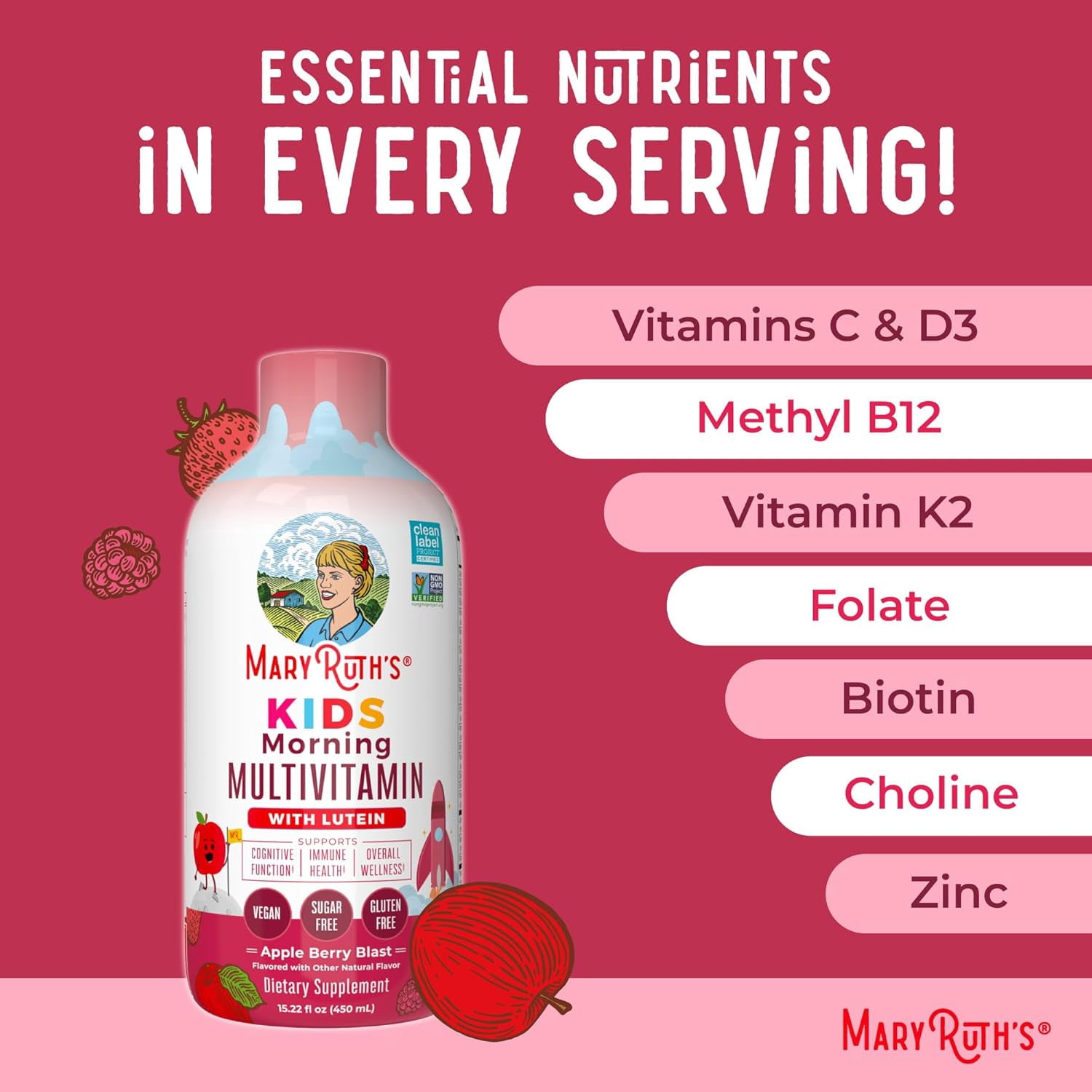 (2 pack) MaryRuth's Kids Liquid Multivitamin with Lutein, Immune Support, Overall Health, Apple Berry Blast Sugar-Free Vegan Gluten-Free Ages 1+, 15.22 fl oz
