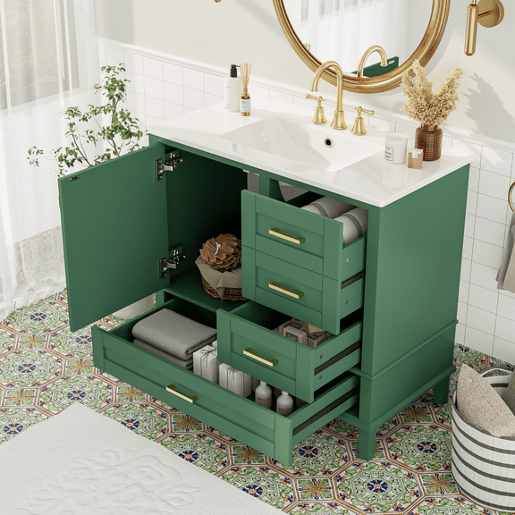 36-inch green bathroom vanity with solid pine frame, 1 soft-close door and 3 drawers, ample storage space, modern storage cabinet, elegant and beautiful