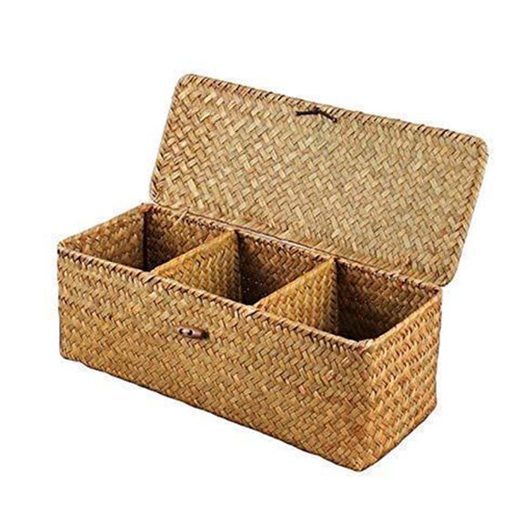 Bewildely Caja de almacenamiento de bambú, 3 rejillas, cesta de artículos diversos rectangular para baño cosmético, estuche hecho a mano para Almacenamiento y organización del hogar