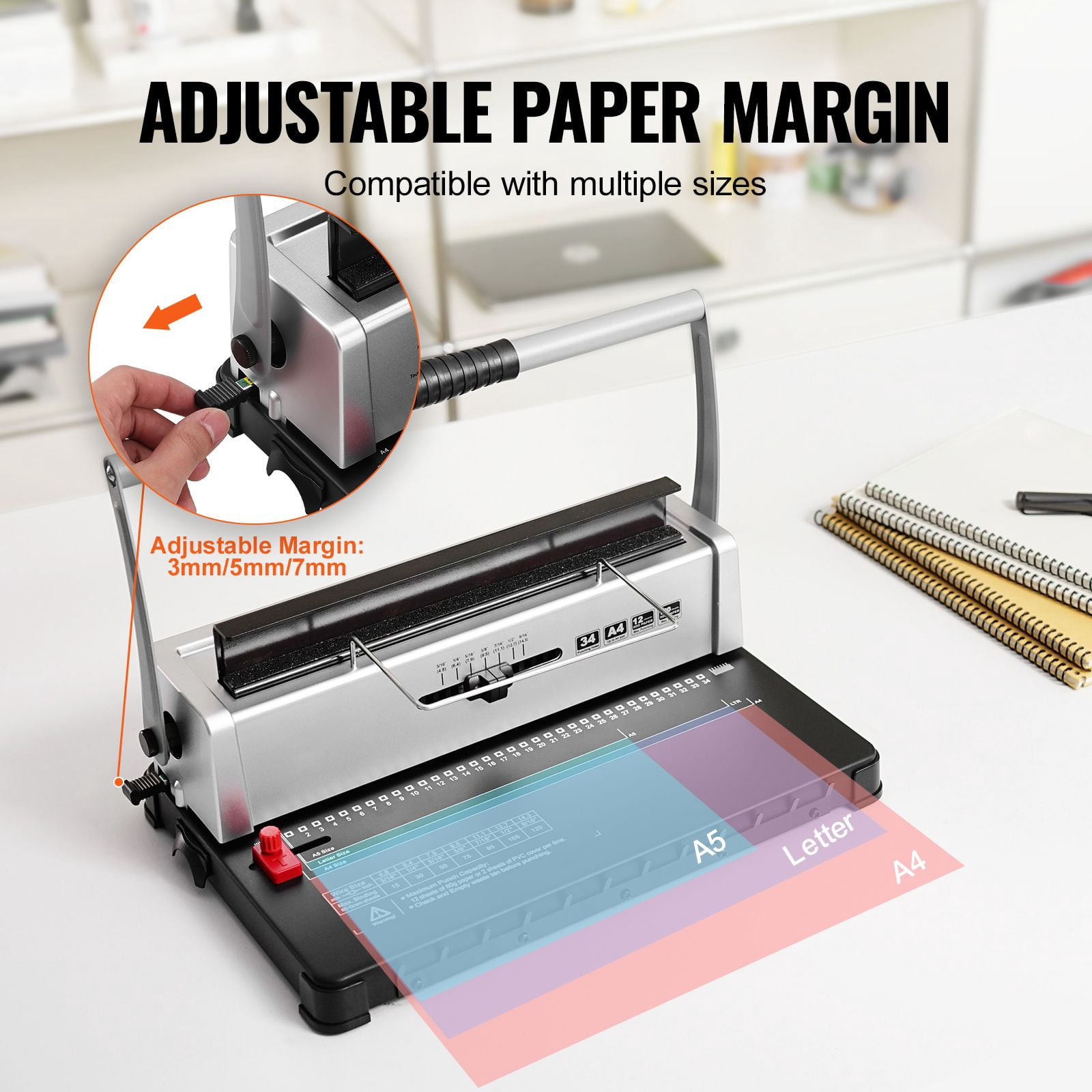 34-Hole Manual Coil Binding Machine, Spiral Book Binder 120 Sheets, Adjustable 3/16"-9/16" Plastic Coils, Side Margin Guide for Letter A4 A5