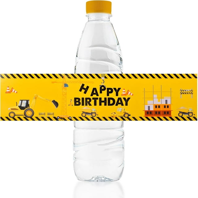 URROMA 50pcs Engineering Vehicle Pattern Water Bottle Labels, Yellow Happy Birthday Self Adhesive Bottle Stickers for Parties and Birthdays