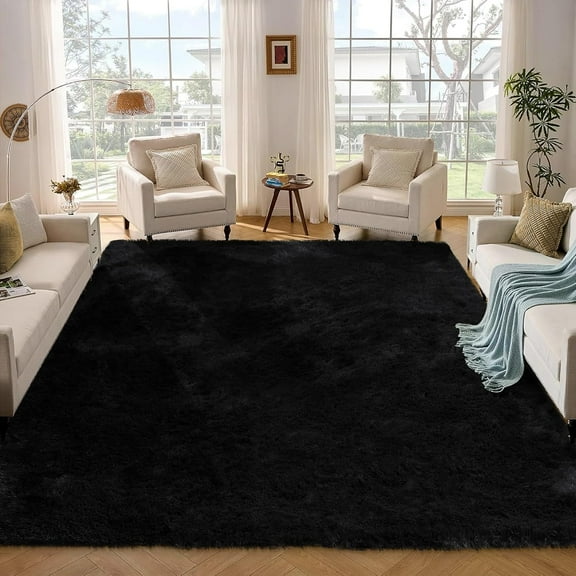Fluffy Area Rug- Shag Area Rug for Living Room, Shaggy Large Indoor Thick Living Room Carpet with Non-Slip Backing, Soft Plush Fuzzy Carpet for Bedroom,5x8,Black