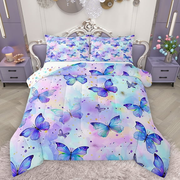 Homewish Chic Butterflies Bedding Comforter Set,Watercolor Splashing Ink Twin Comforter Sets,Purple Pink Ombre Bedding Set For Girls Kids,Microfiber Bedroom Decor Reversible,2-Piece