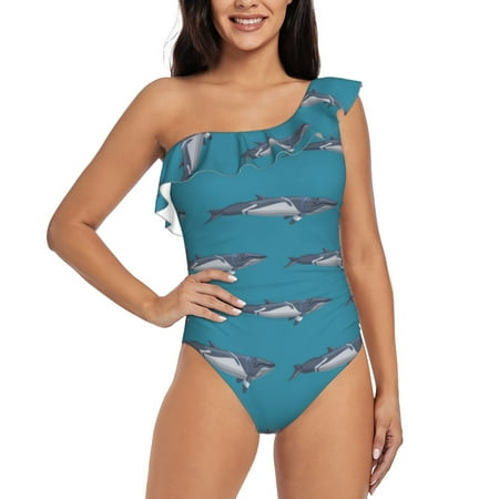 Qokaie Cartoon Whale Print Women s One Piece Swimsuits Tummy Control Bathing Suits Asymmetric One Shoulder Swimwear-XX-Large