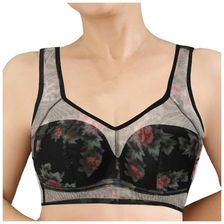 QYZEU Ladies Bras Padded Mesh Lace Seamless Comfort Bra Wireless Push Up Flower Print Everyday Bras Full Coverage Lightweight Thin Underwear Black XXL