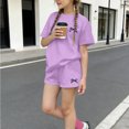 thumbnail image 2 of Girls Outfit Set 2-Piece, Comfortable Short Sleeve Tee & Elastic Waist Shorts with Bow & Pocket, Breathable Play Clothes for Kids Kids, Lavender,Size 9-10T, 2 of 6