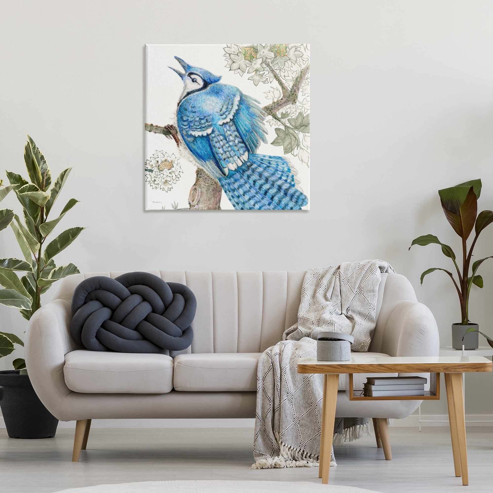 Stupell Industries Rhododendron & Blue Jay Animals Painting Wrapped Canvas Art Print Wall Art, 30 x 30