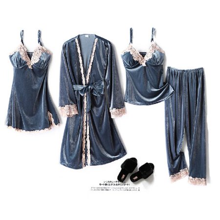 

PIKADINGNIS Women Pijama Fashion Velvet 4 Pieces Warm Winter Pajamas Sets Women Sexy Lace Robe Pajama Sleepwear Set Sleeveless Nightwear