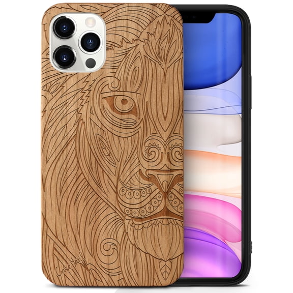 Case Yard Wooden Case Outside Soft TPU Silicone, Slim Fit Shockproof Wood Protective Phone Cover for Girls Boys Men and Women, Supports Wireless Charging Greek Lion Design case for iPhone-11-Pro