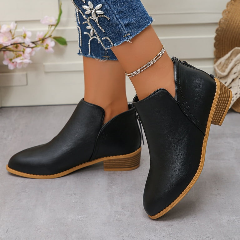 short black dress ankle boots Modisza Women's Ankle Boots Chunky Low Heel Cutout Short Booties Suede Dress  Western Fall Slip on Shoes with Zipper Black 6.5