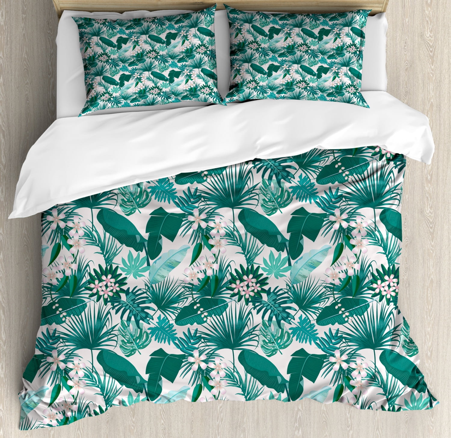 Hawaii Duvet Cover Set Queen Size, Exotic Summer Blooming Tropical Jungle Flowers and Leaves, 3 Piece Bedding Set with 2 Pillow Shams, Teal Seafoam Pale Pink and Baby Pink, by Ambesonne