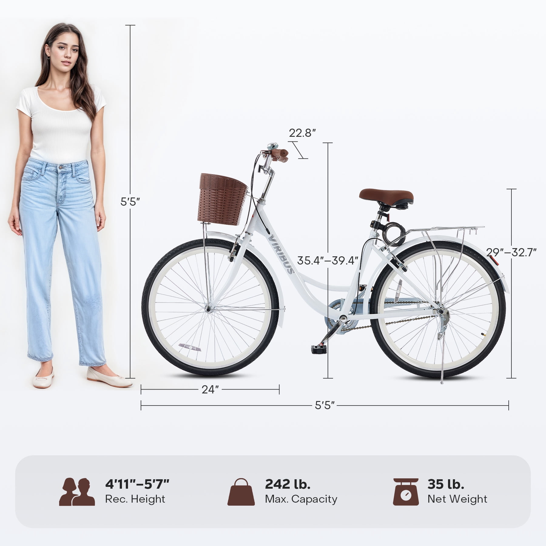 Viribus 24" City Cruiser Bicycle for Women with Carbon Steel Frame Dual V Brakes Basket for Women Adults,White