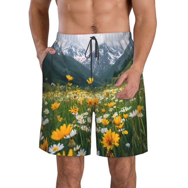 Sikiie Mountain Daisy Meadow Print Men's Beach Shorts, High Elastic Quick-drying Shorts - with Drawstring and Slip Pockets, Suitable for Beach, Sports, Vacation-Small