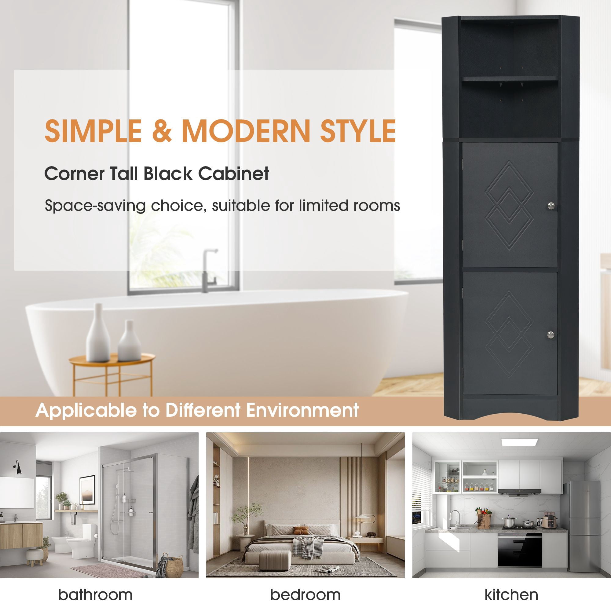 DEALTOPS Modern Tall Corner Cabinet, Freestanding Storage Cabinet with Adjustable Shelves, Black