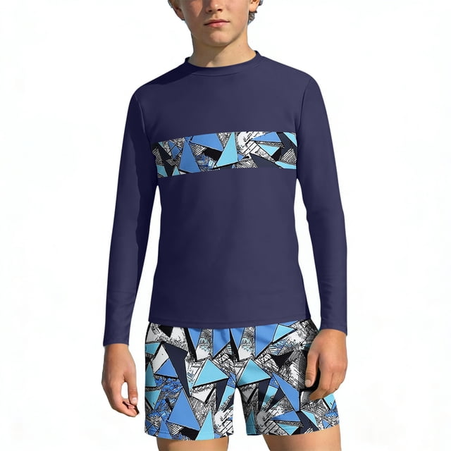 Bathing Suits for Teens Rash Guard Swimsuits Set for Boys Hawaiian Print Long Sleeve Swim Shirt with Swim Trunks Vacation Modest Two Piece Swim Set for 3-14Years