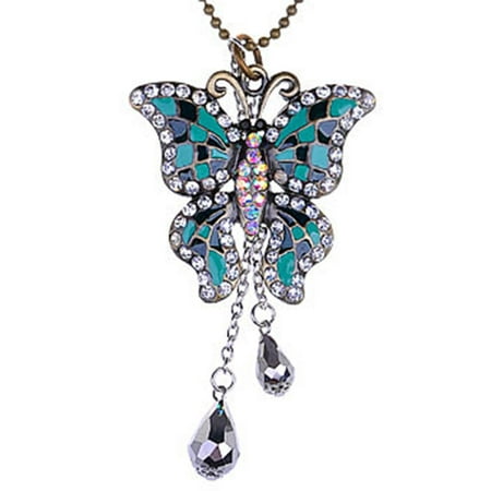 - Vintage Inspired AB Crystal Rhinestone Green Mosaic Butterfly Necklace Pendant