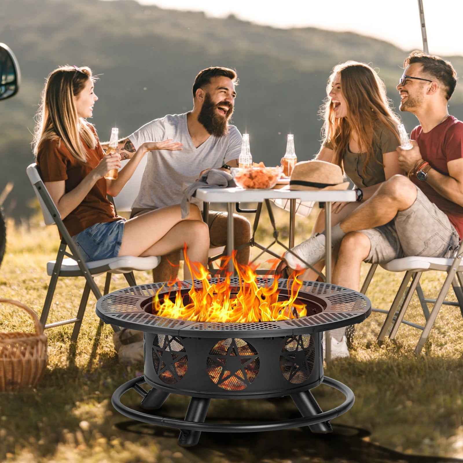 MistMo 36 inch Round Fire Pit with Grills, Wood Burning Fire Pits with Metal Lid for Outside Bonfire Outdoor Patio and Party