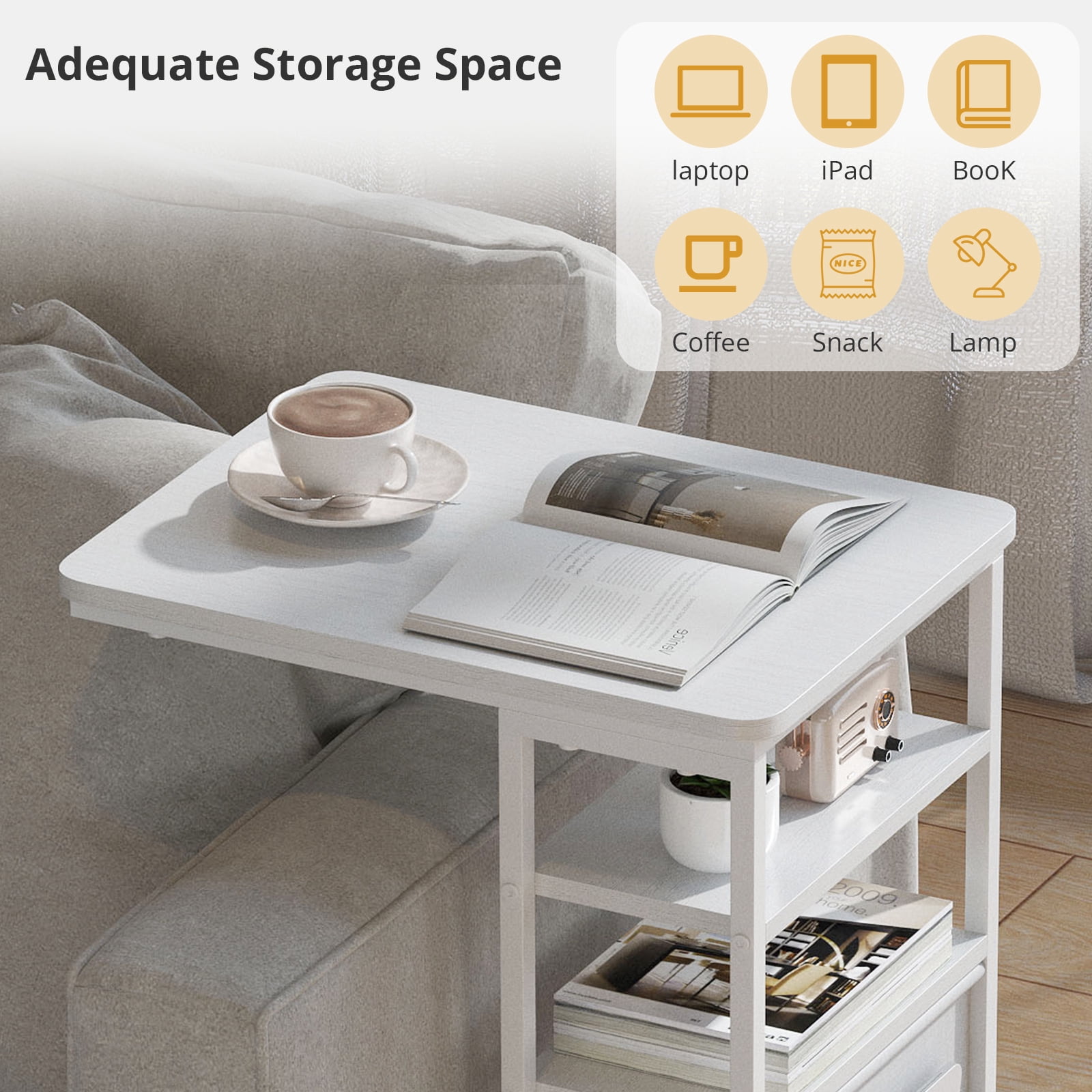 ZEXVIDA C Shaped Side Table, 3 Tier Sofa End Tables with Storage Bag, Sturdy Slide Under Sofa Slim Side Tables with Metal Frame for Small Spaces, Living Room, Bedroom, Industrial (White)
