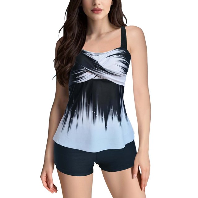 Fadeal Bathing Suit for Women Women Plus Size Tankini Swimsuits Two Piece Color Block Cutout Flowy Tummy Bathing Suits with Shorts Tankini Swimsuits for Women Light Blue 5XL