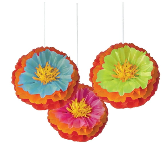 Fiesta Fluffy Flower Hanging Party Decoration,16in, Set of 3