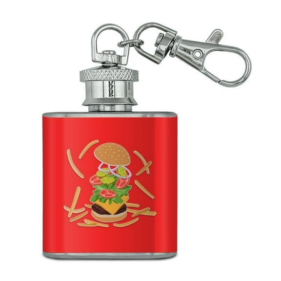 Burger and Fries with Lettuce Cheese Tomatoes and Pickles Stainless Steel 1oz Mini Flask Key Chain