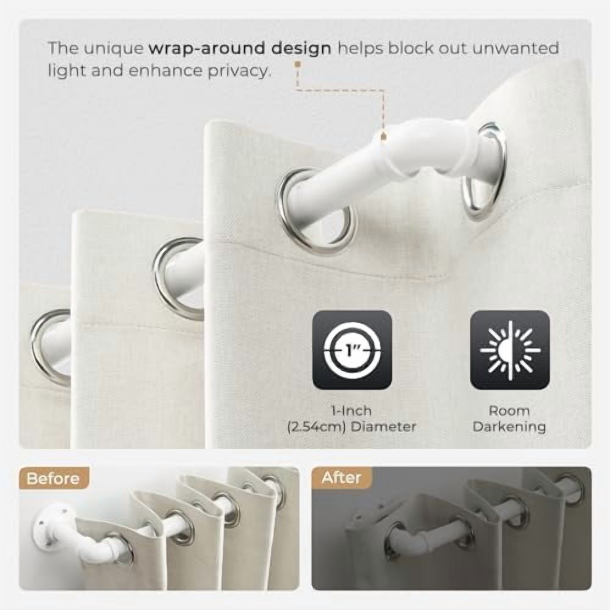 Curtain Rods for Windows 66 to 120, 1 Inch Industrial Wrap Around White Curtain Rod, Indoor/Outdoor Room Divider Adjustable Drapery Pole, 66"-120"