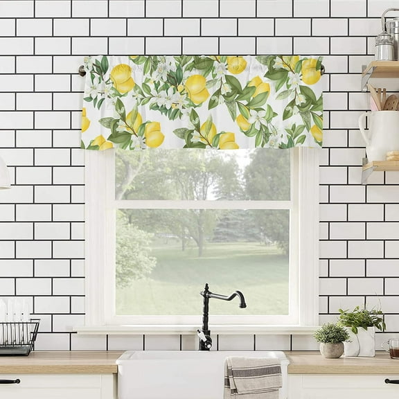 Summer Lemon Curtains Valance for Windows Watercolor Plant Fruit Art,Roman Shades Curtains & Drapes Rustic Fresh Flower Leaf Aesthetic Rod Pocket Valances Kitchen Window Curtains Over Sink 54x18in