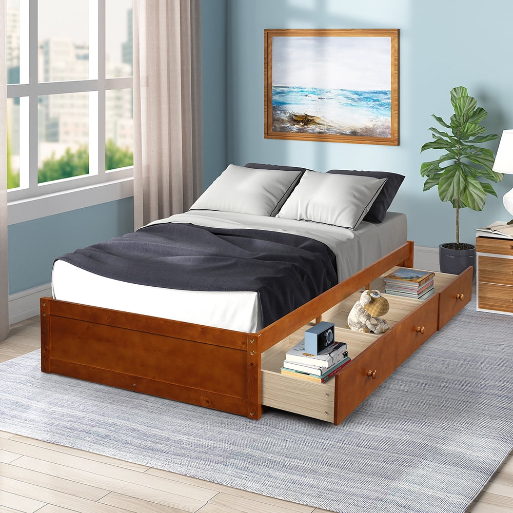 Lowestbest Solid Wood Twin Size Bed with Storage, Platform Bed with 3 Drawers-Espresso