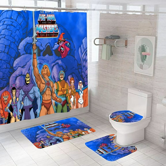 He Men Shower Curtain, Bathroom 4 Pieces Set Toilet Lid Cover and Bath Mat, Non-Slip Rugs, Durable and Waterproof, for Bathroom Decor Set, 72" x 72"