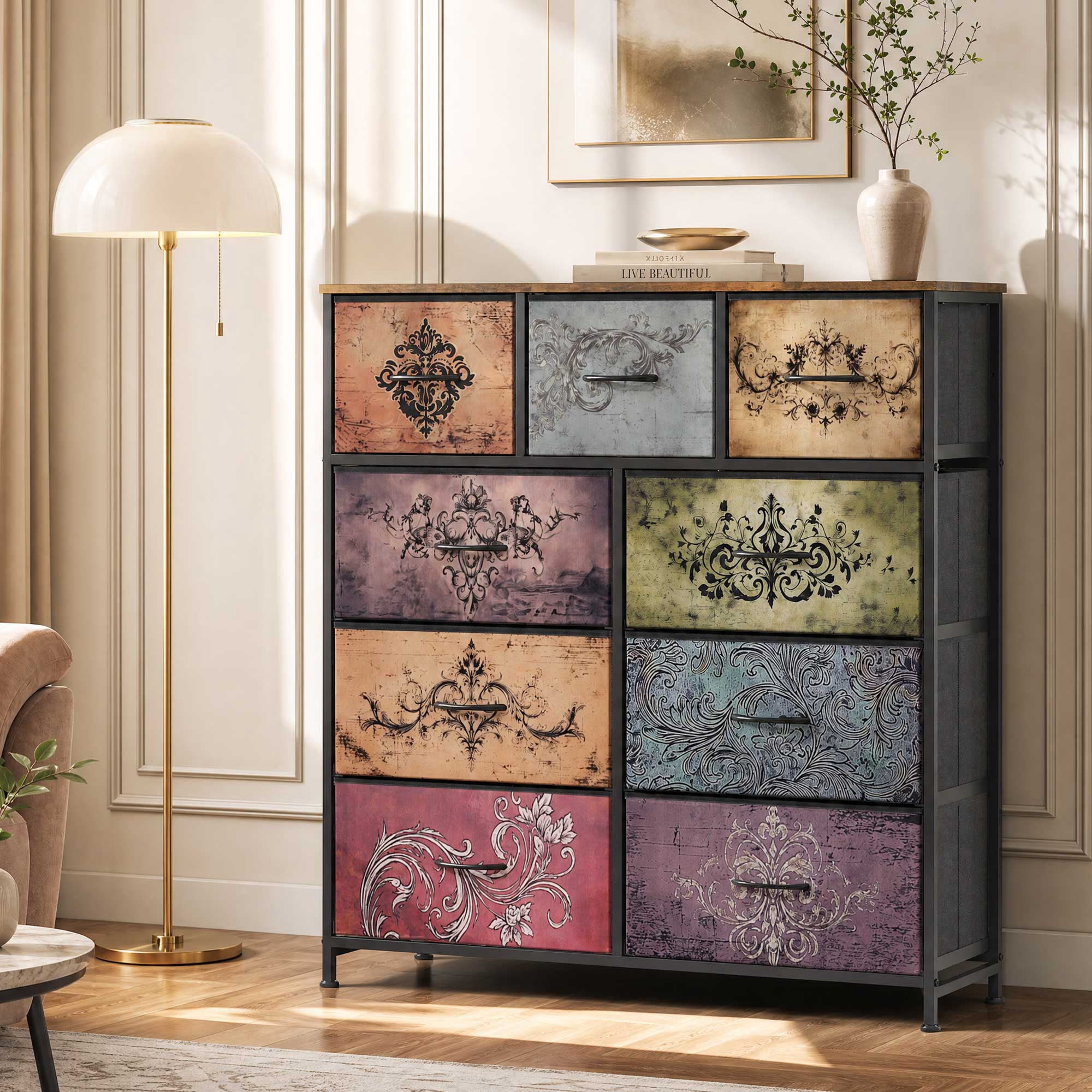 GALAXHERO 9-Drawer Fabric Dresser, Tall Storage Tower for Bedroom, Hallway, Entryway, Closet, Chest Organizer Unit with Fabric Bins, Steel Frame, Wood Top, Easy Pull Handle, Pattern