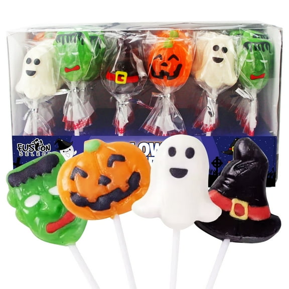 Fusion Select Halloween Candy Lollipops - Trick or Treat Candies for Kids - Frankenstein's Monster, Jack o Lantern, Ghost & Witch Hat Halloween Sweets - Individually Wrapped - 30 Treats Per Box